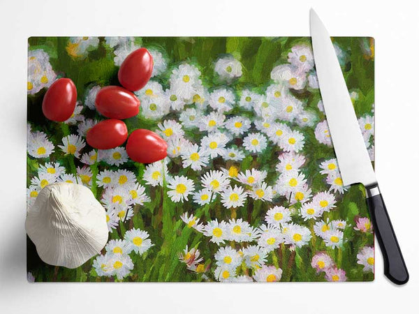 White Daisy Heaven Glass Chopping Board