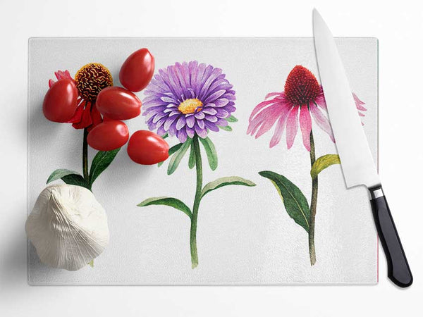 Trio Of Garden Flowers Glass Chopping Board