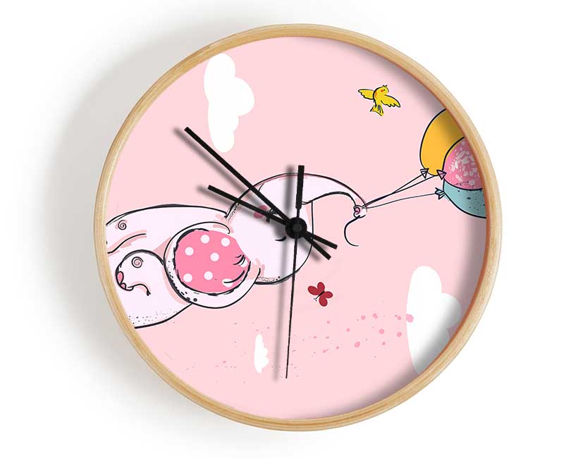 Pink Elephant Floating On Balloons Clock - Wallart-Direct UK