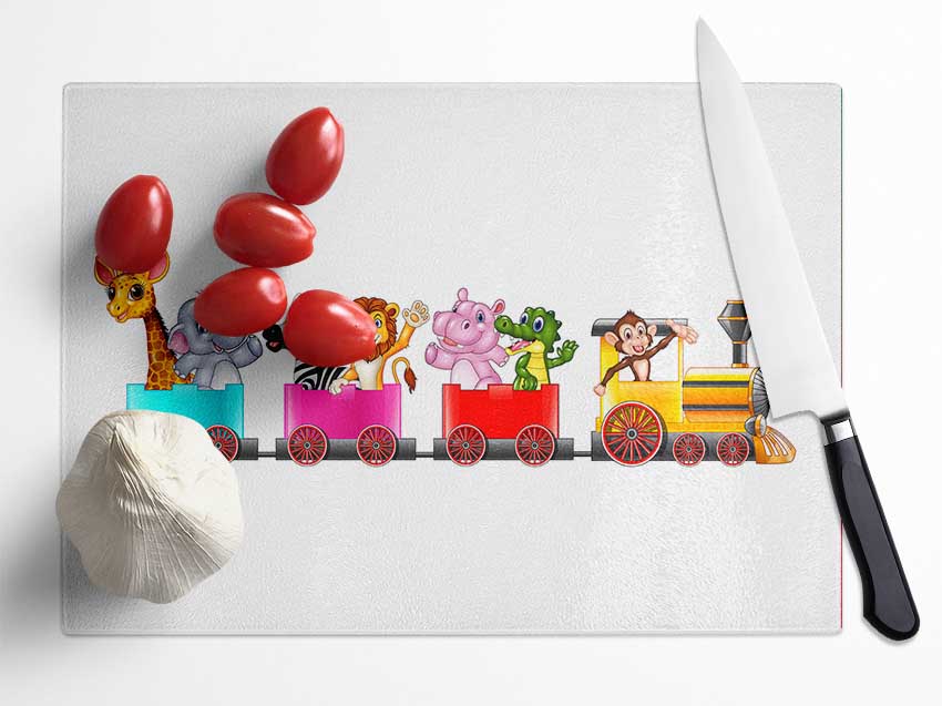 Jungle Friends Train Glass Chopping Board