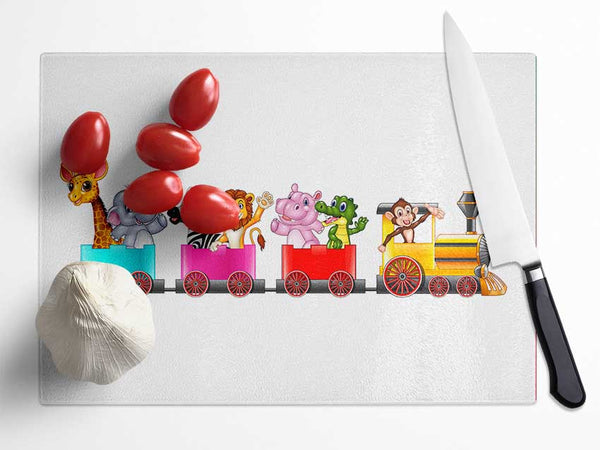 Jungle Friends Train Glass Chopping Board