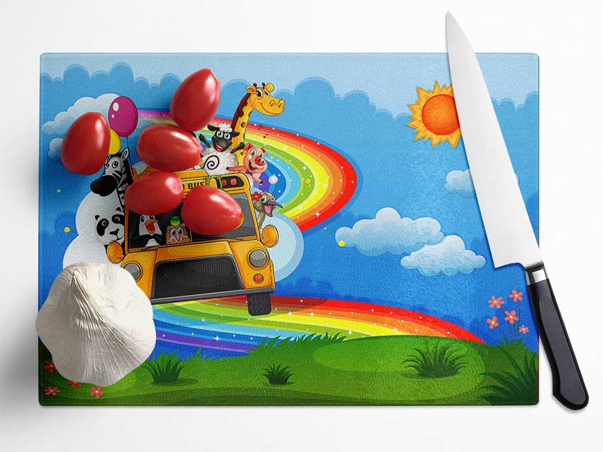 Rainbow Zoo Bus Glass Chopping Board