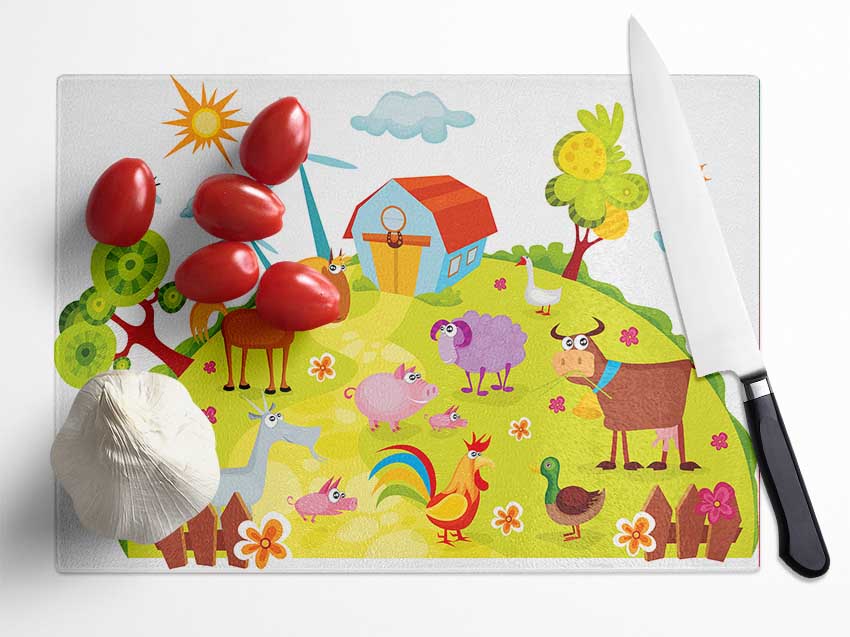 Farm Animals Glass Chopping Board