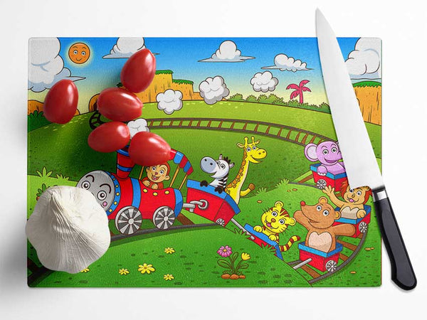 Happy Safari Train Glass Chopping Board