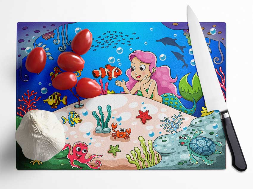 Mermaid And Friends Glass Chopping Board