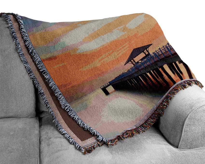 Golden Pier At Dusk Woven Blanket