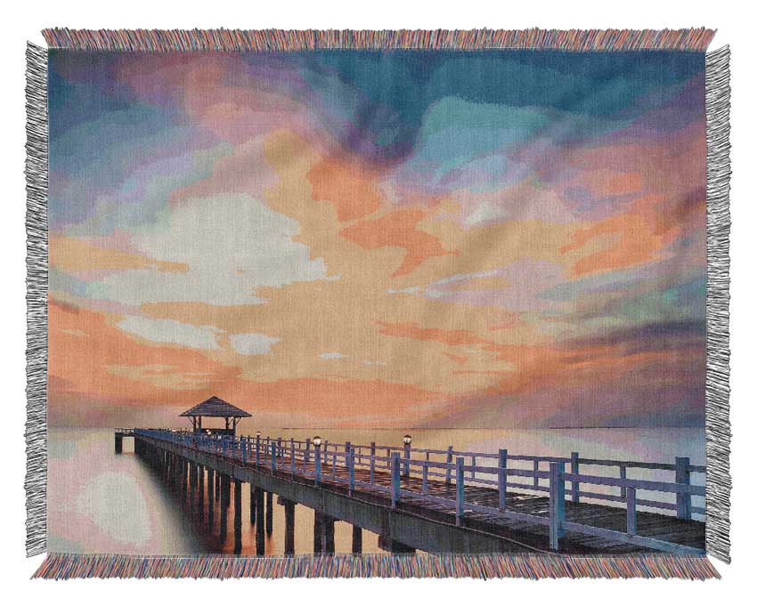 Golden Pier At Dusk Woven Blanket