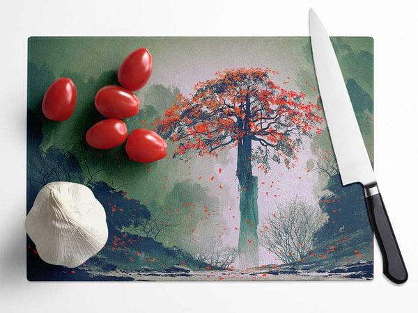 Red Leaves Falling Glass Chopping Board