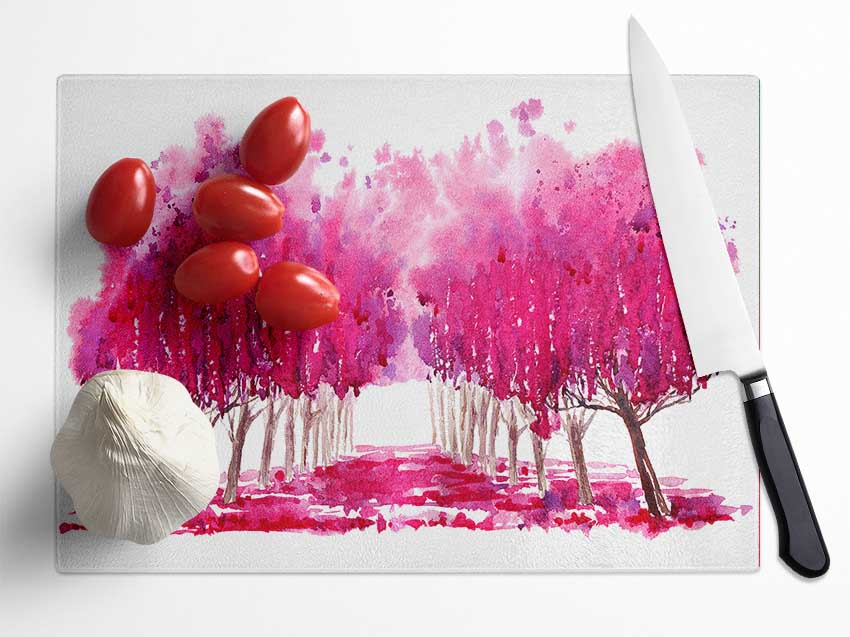 Pink Tree Walk Glass Chopping Board