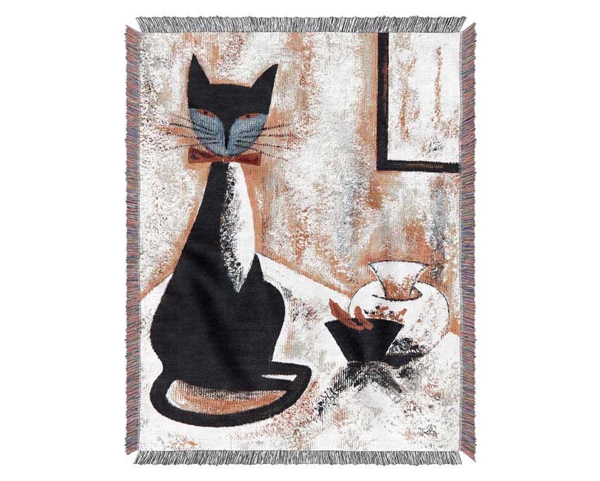 Black Cat Bow Tie Woven Blanket