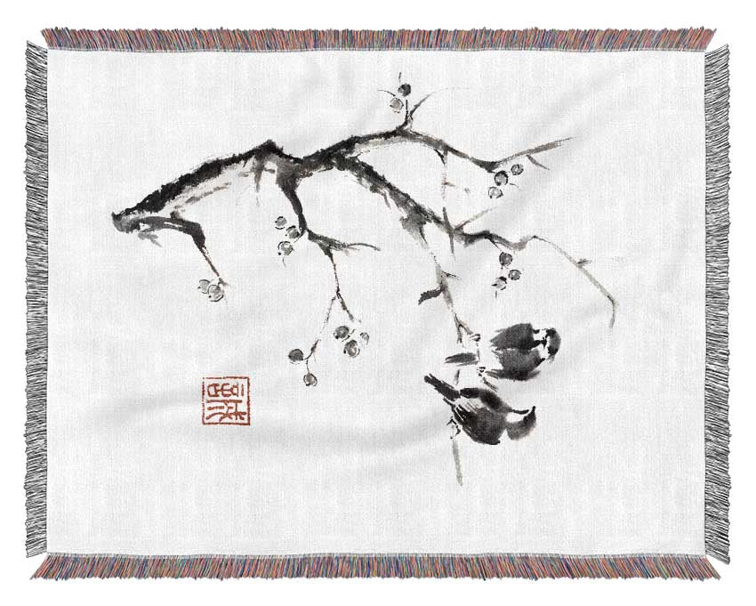 Chinese Birds In The Branch Woven Blanket