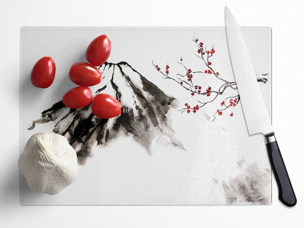 Japanese Cherry Blossom Mountain Glass Chopping Board