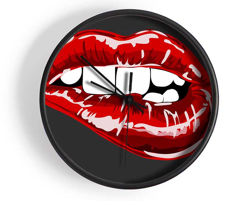 Red Lip Bite On Grey Clock - Wallart-Direct UK