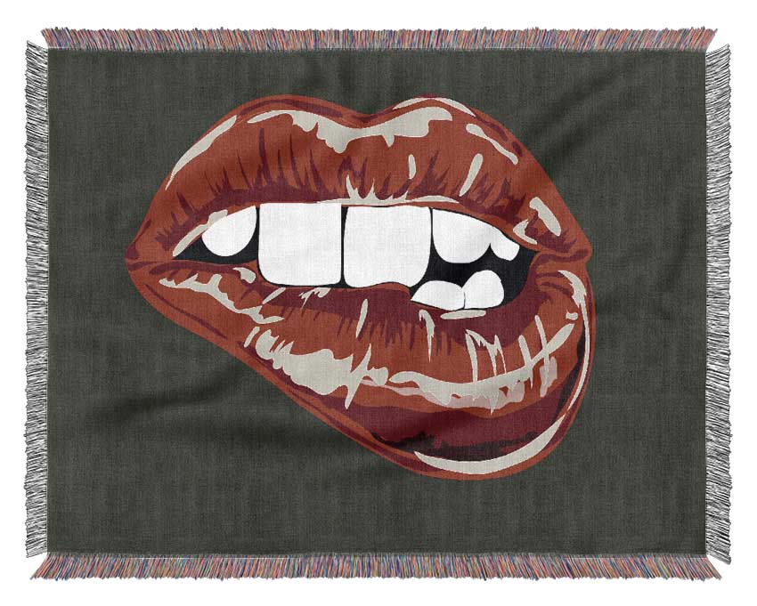 Red Lip Bite On Grey Woven Blanket