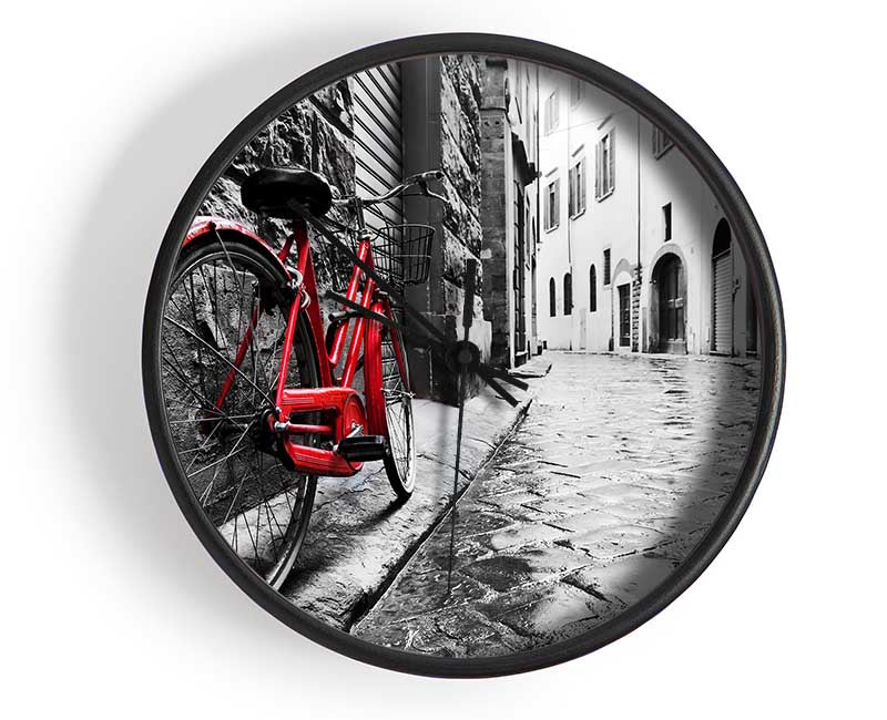 Red Bicycle In The Cobbled Streets Clock - Wallart-Direct UK