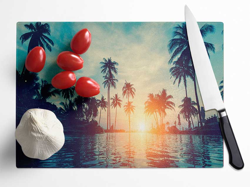 Palm Tree Waters Glass Chopping Board