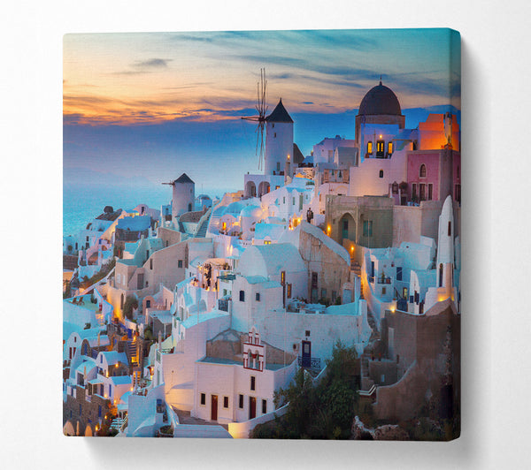 A Square Canvas Print Showing Santorini At Sunset Square Wall Art