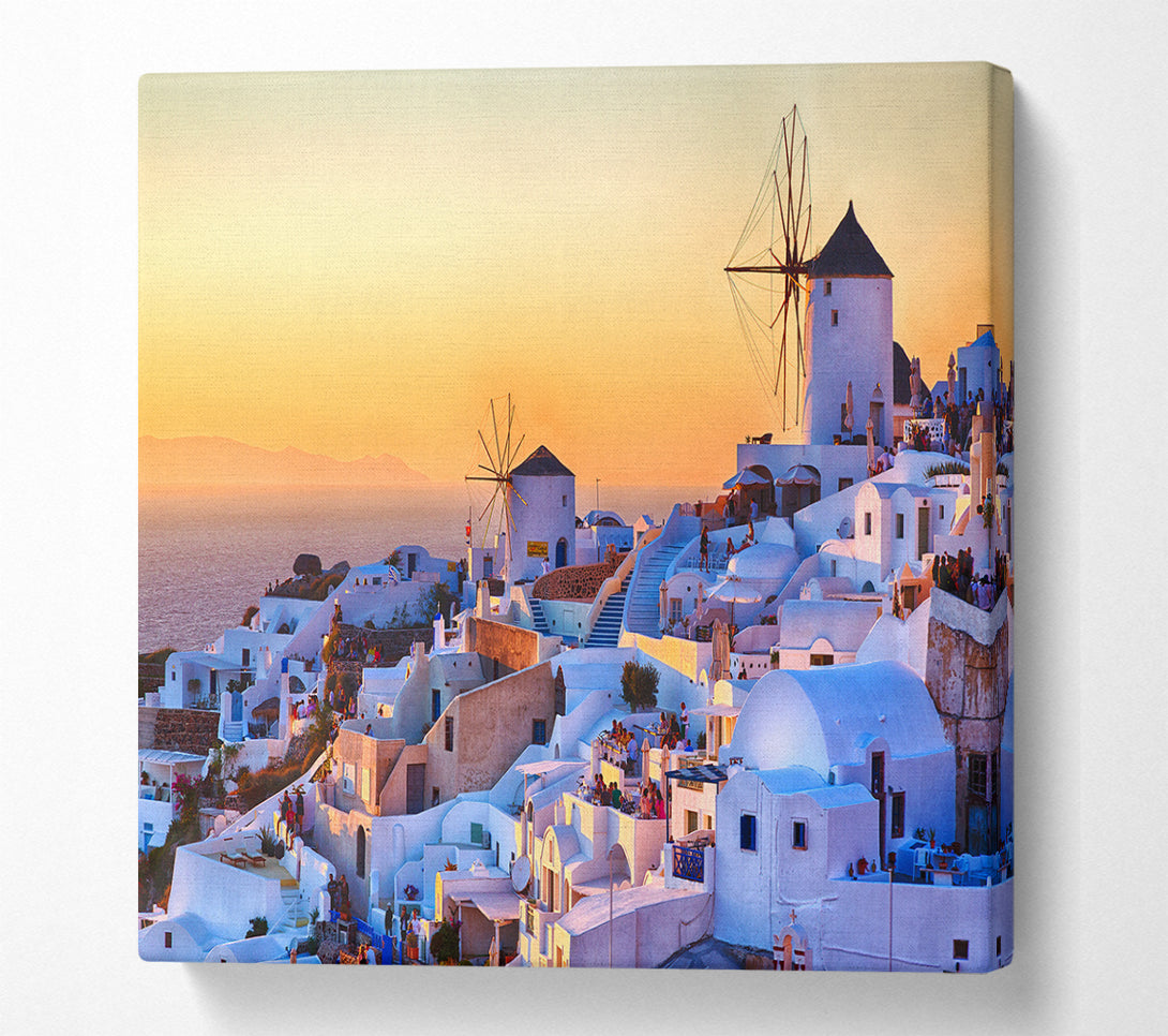 A Square Canvas Print Showing Sunset In Santorini Square Wall Art