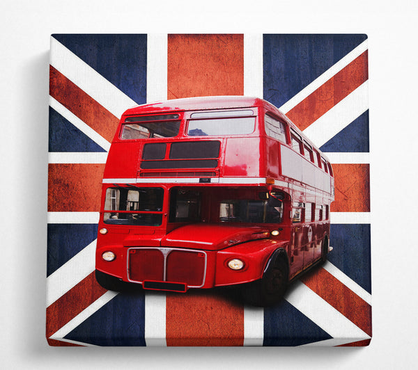 A Square Canvas Print Showing Red Bus On The British Flag Square Wall Art