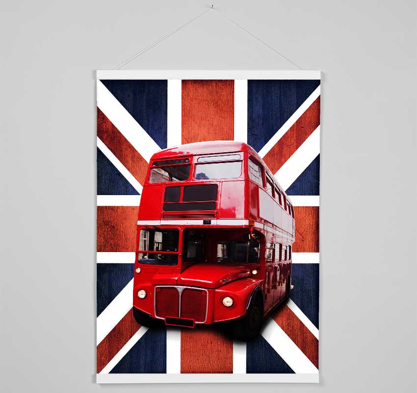 Red Bus On The British Flag Hanging Poster - Wallart-Direct UK