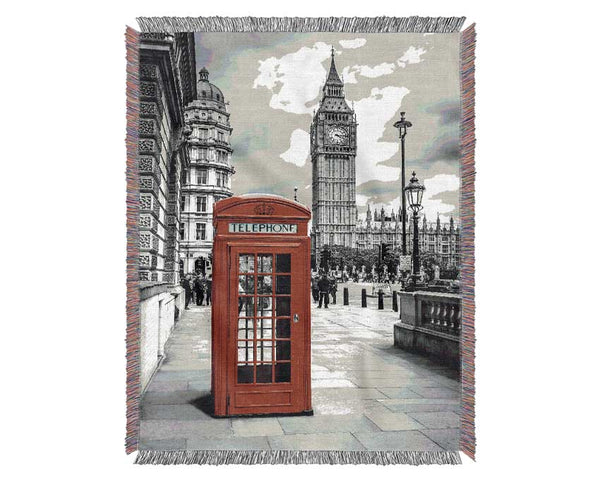 Red Phone Box Next To Big Ben Woven Blanket