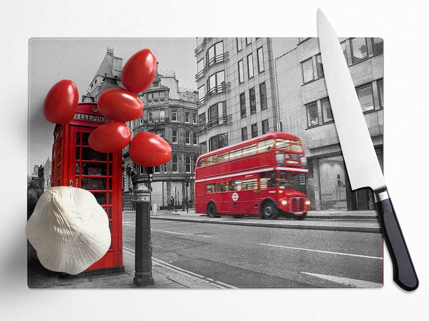 Double Decker Red Bus Through The Streets Glass Chopping Board