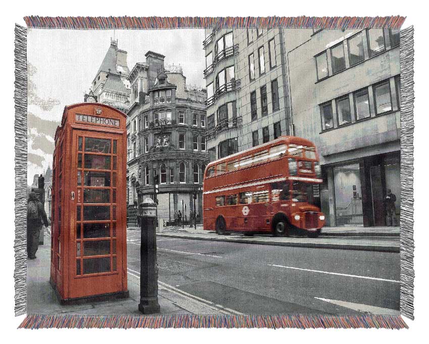 Double Decker Red Bus Through The Streets Woven Blanket