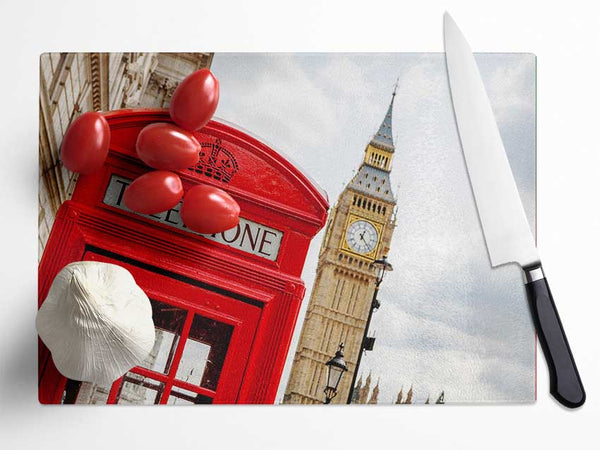 Red Telephone Box Next To Big Ben Glass Chopping Board