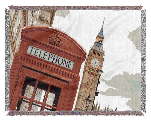 Red Telephone Box Next To Big Ben Woven Blanket