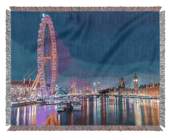 London Eye Rainbow Thames At Night Woven Blanket