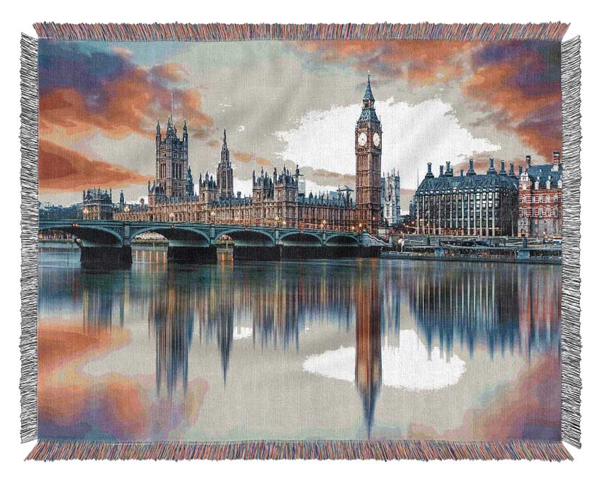 Stunning Reflections Of The Houses Of Parliament Woven Blanket