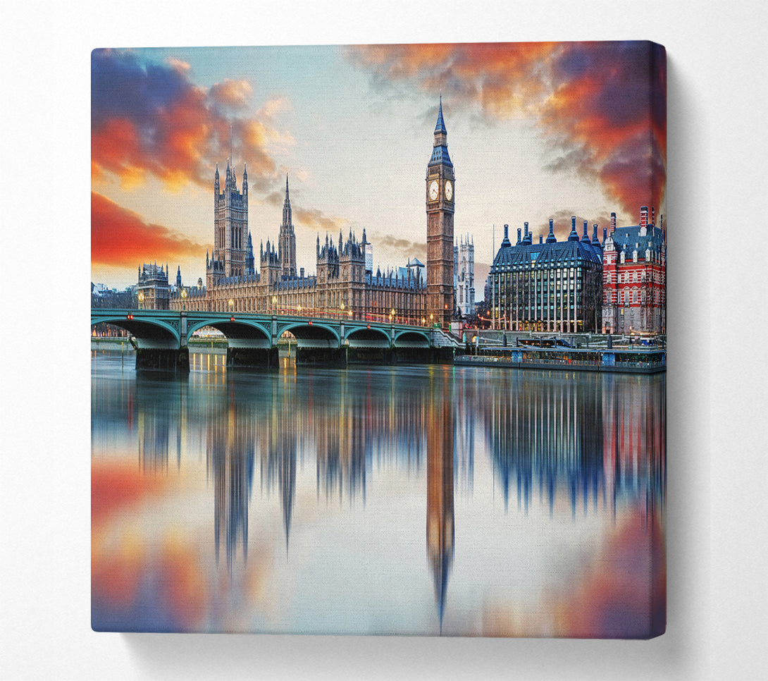 A Square Canvas Print Showing Stunning Reflections Of The Houses Of Parliament Square Wall Art