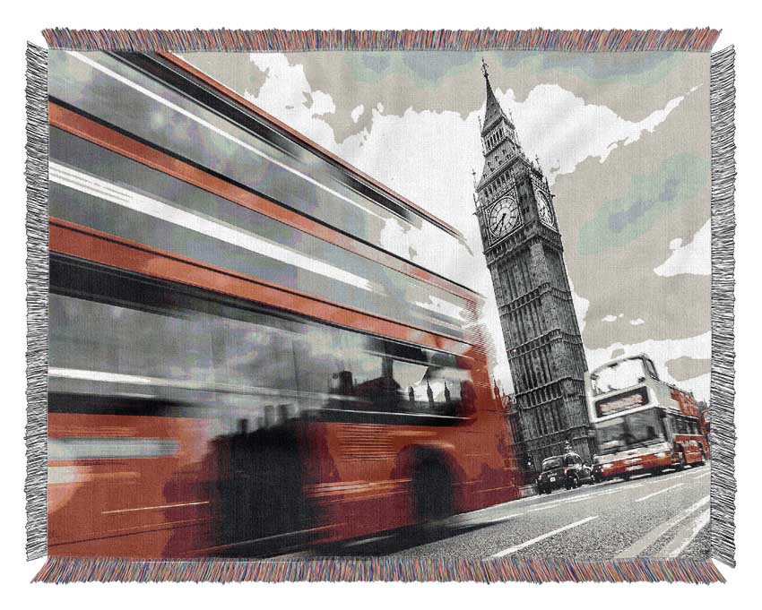 Iconic Red Bus Passed Big Ben Woven Blanket