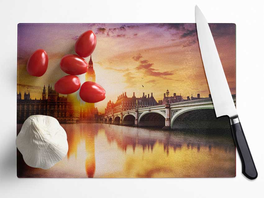 Sunset Over The Thames Glass Chopping Board