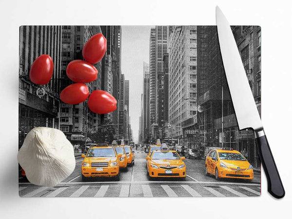 Yellow Cab Line Up Streets Glass Chopping Board