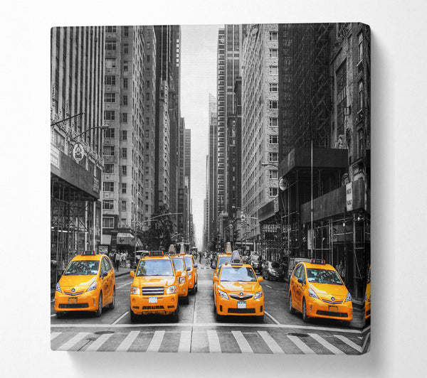 A Square Canvas Print Showing Yellow Cab Line Up Streets Square Wall Art