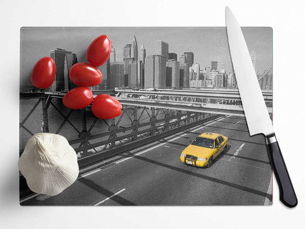 Yellow Cab On Brooklyn Bridge 1 Glass Chopping Board