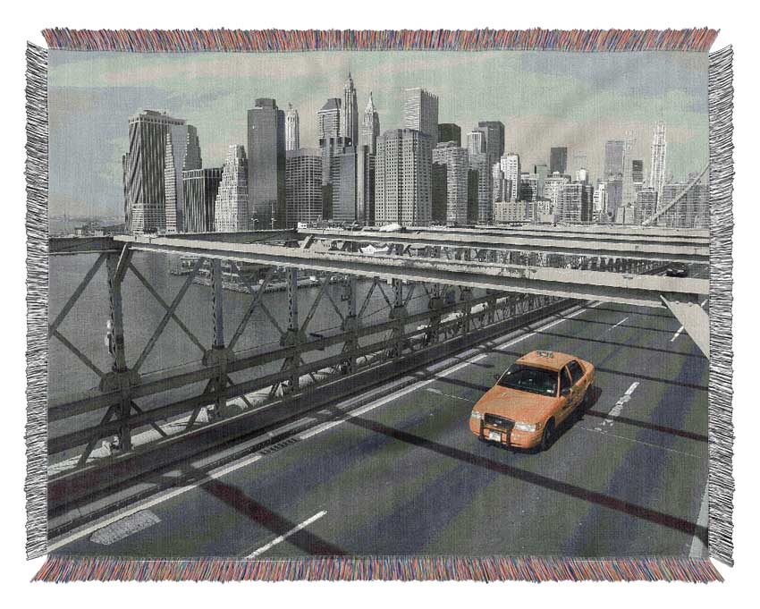 Yellow Cab On Brooklyn Bridge 1 Woven Blanket