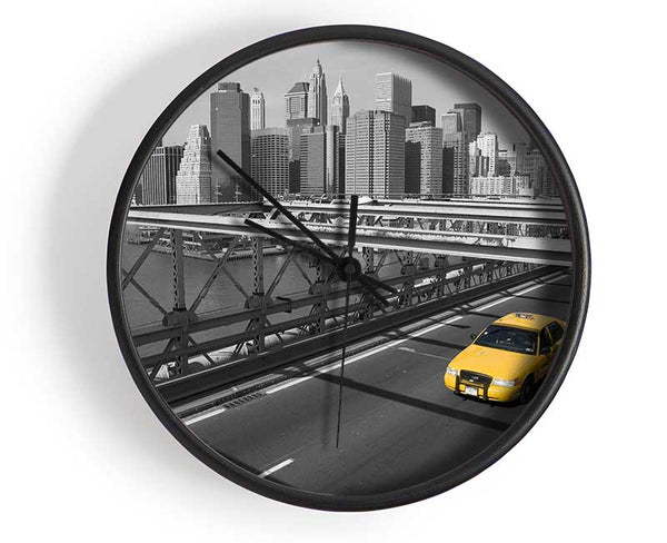 Yellow Cab On Brooklyn Bridge 1 Clock - Wallart-Direct UK