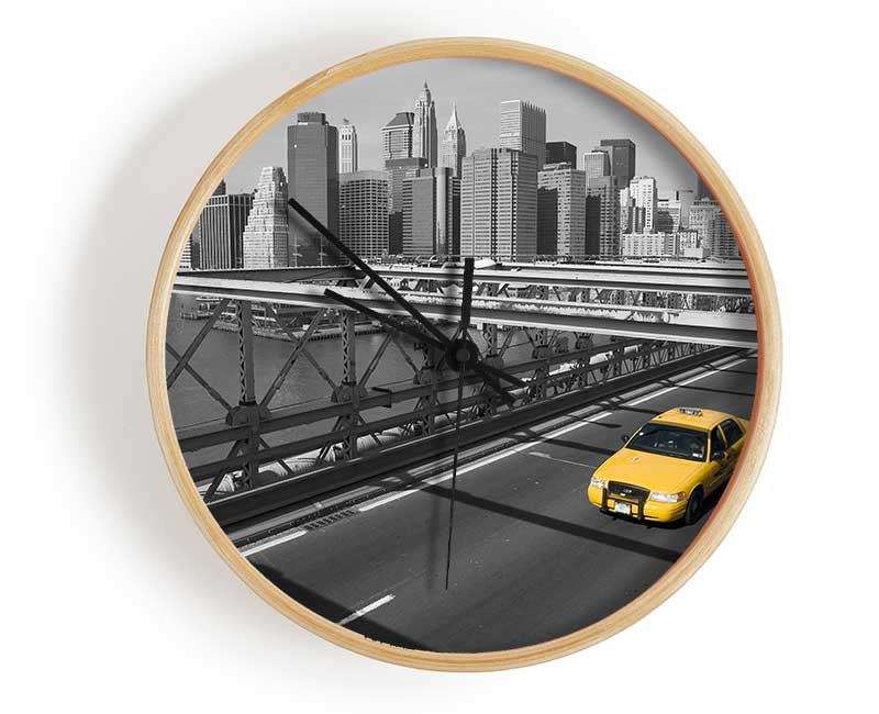 Yellow Cab On Brooklyn Bridge 1 Clock - Wallart-Direct UK