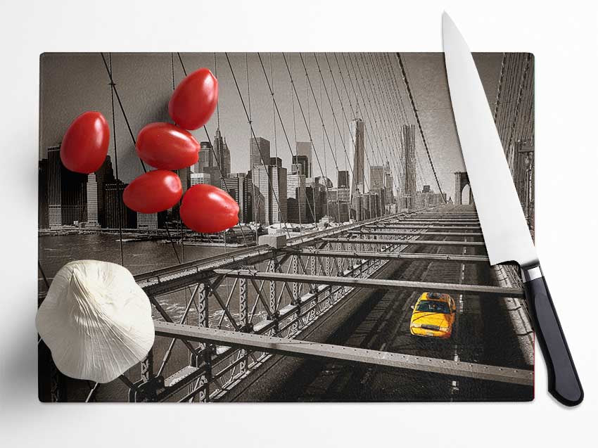 Brooklyn Bridge Yellow Cab Leaving NYC Glass Chopping Board