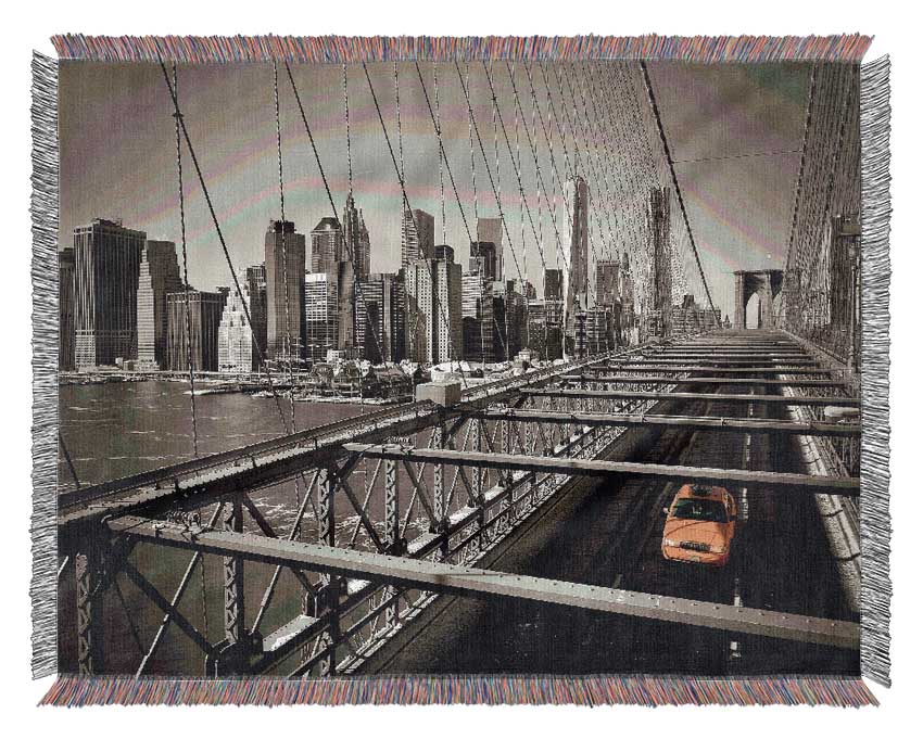 Brooklyn Bridge Yellow Cab Leaving NYC Woven Blanket