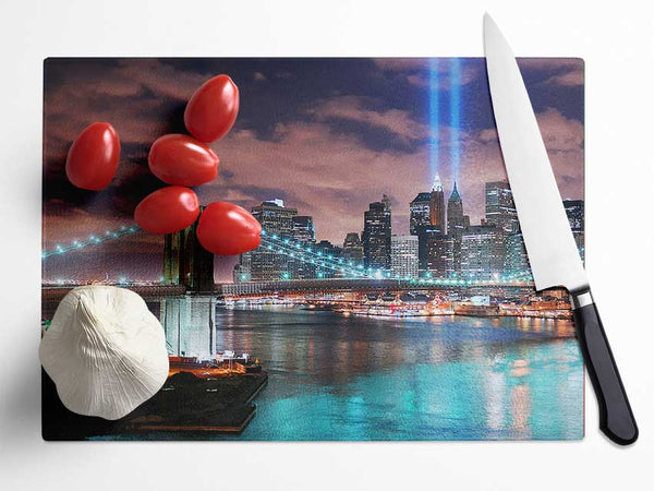 Stunning City Lights Over The Brooklyn Bridge Glass Chopping Board