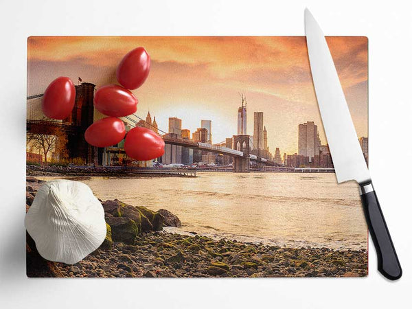 As The Sun Comes Up Over The Brooklyn Bridge Glass Chopping Board