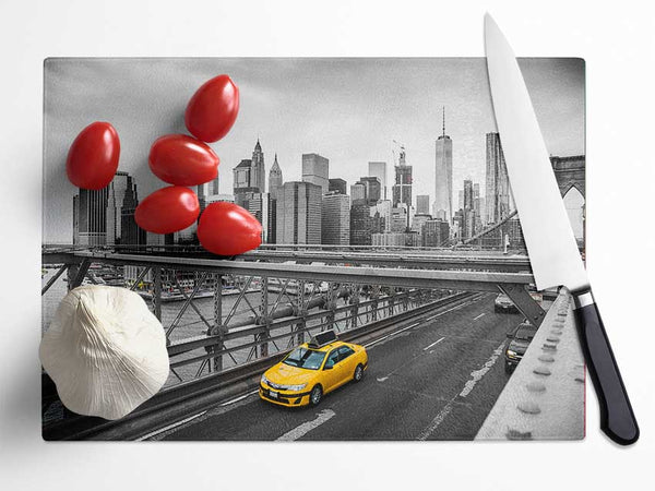 Yellow Cab On Brooklyn Bridge Glass Chopping Board