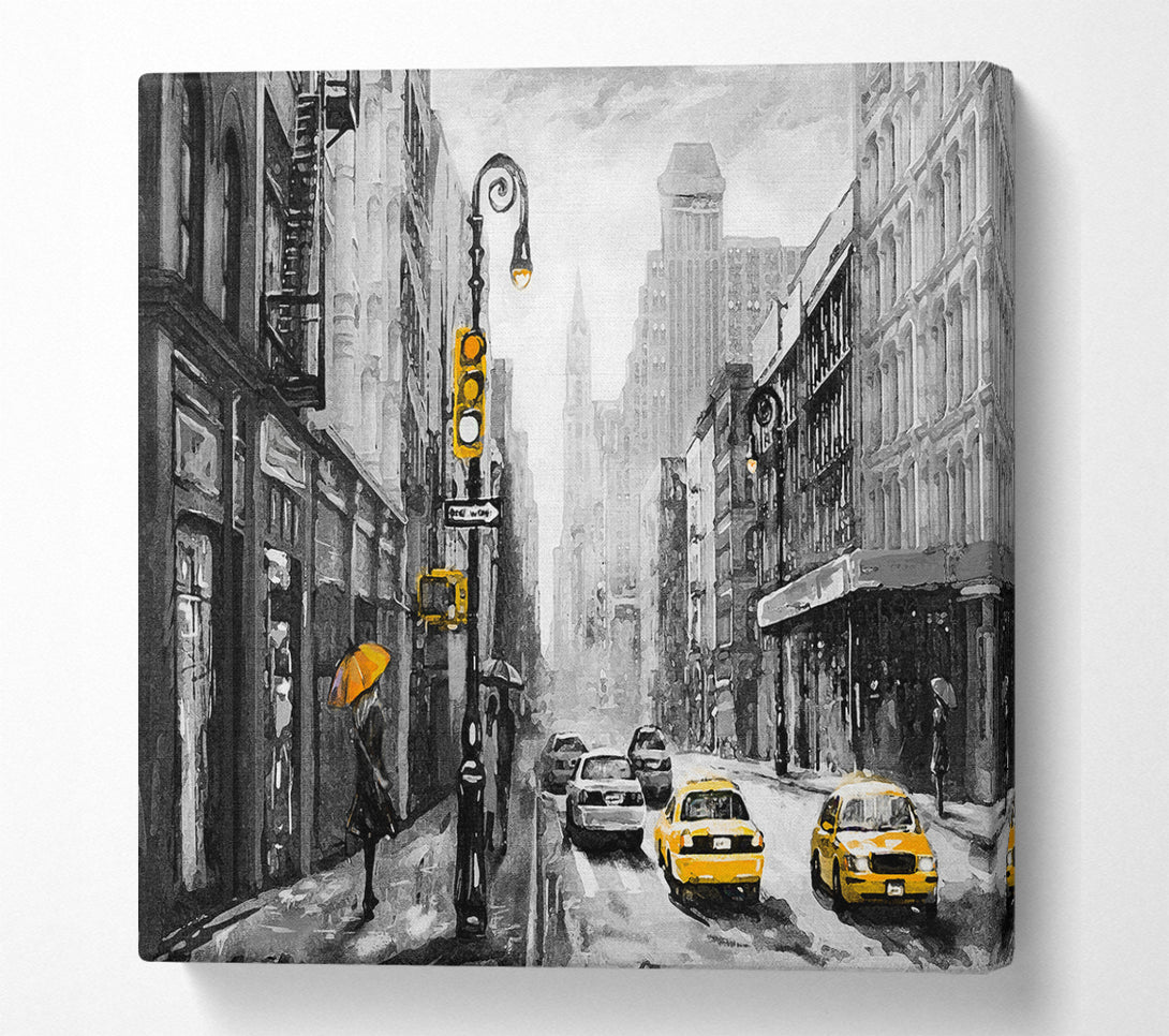 A Square Canvas Print Showing Yellow Cabs In The Streets Of NYC Square Wall Art