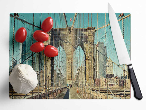 Walking Through The Brooklyn Bridge Glass Chopping Board