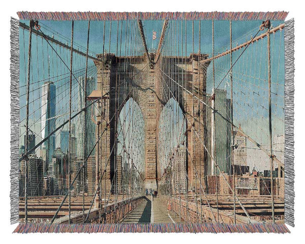 Walking Through The Brooklyn Bridge Woven Blanket