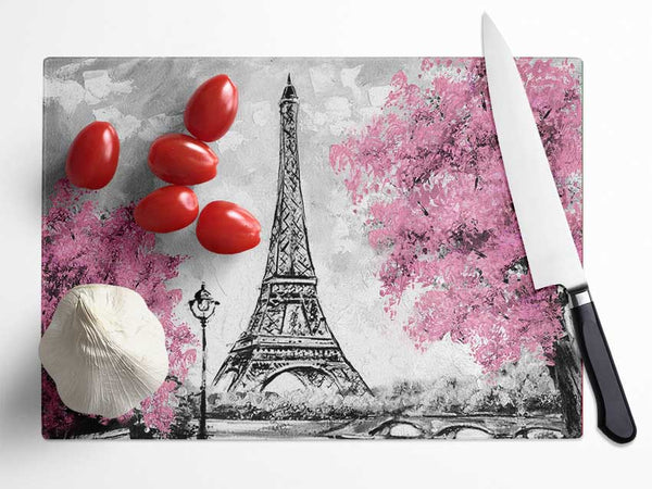 Eiffel Tower Pink trees Glass Chopping Board