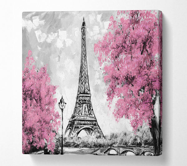 A Square Canvas Print Showing Eiffel Tower Pink trees Square Wall Art